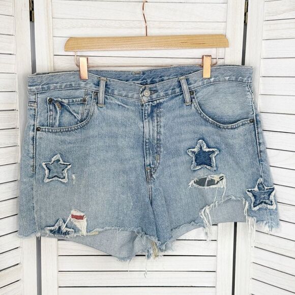 Polo Ralph Lauren Distressed Star Patch Crosby Denim Shorts Blue Size 32 - Picture 1 of 15